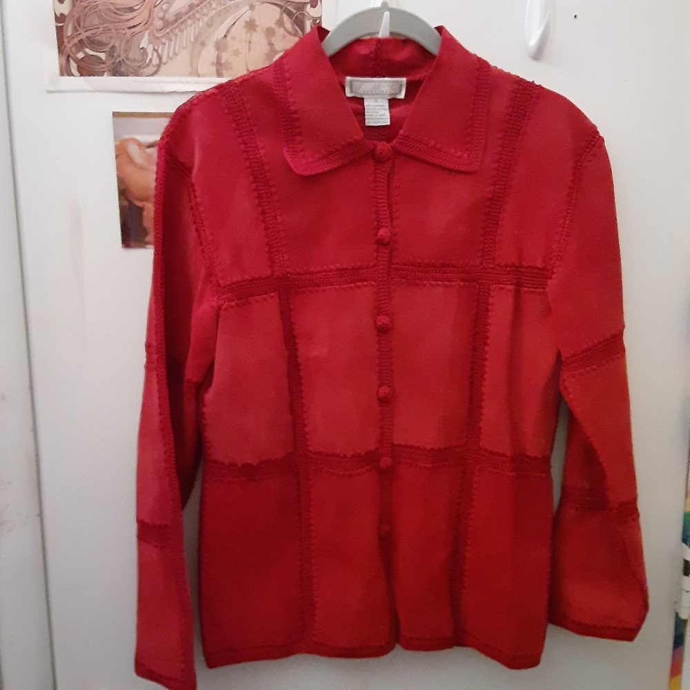 Vintage S.M.H. Boutique S M Red Leather Embroidery Beaded Light Button Up Jacket